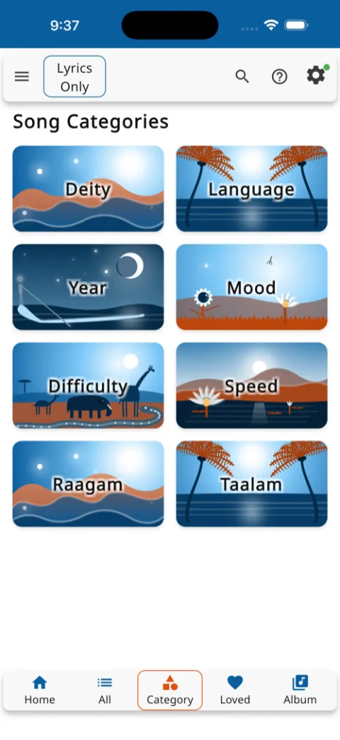 Song categories: deity, language, year, mood, raagam, taalam