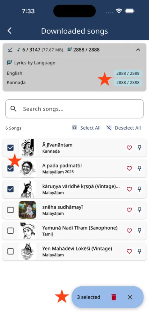 Selecting downloaded songs for bulk actions