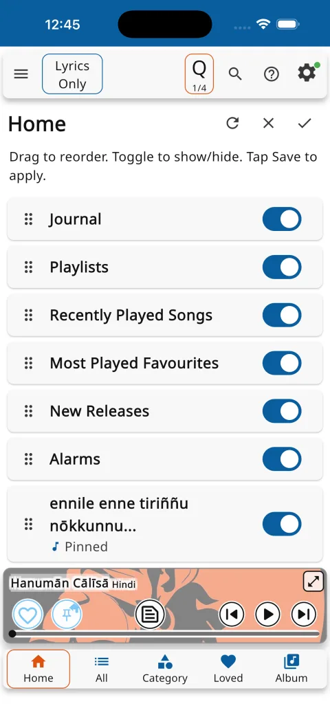 Reordering and hiding home screen sections