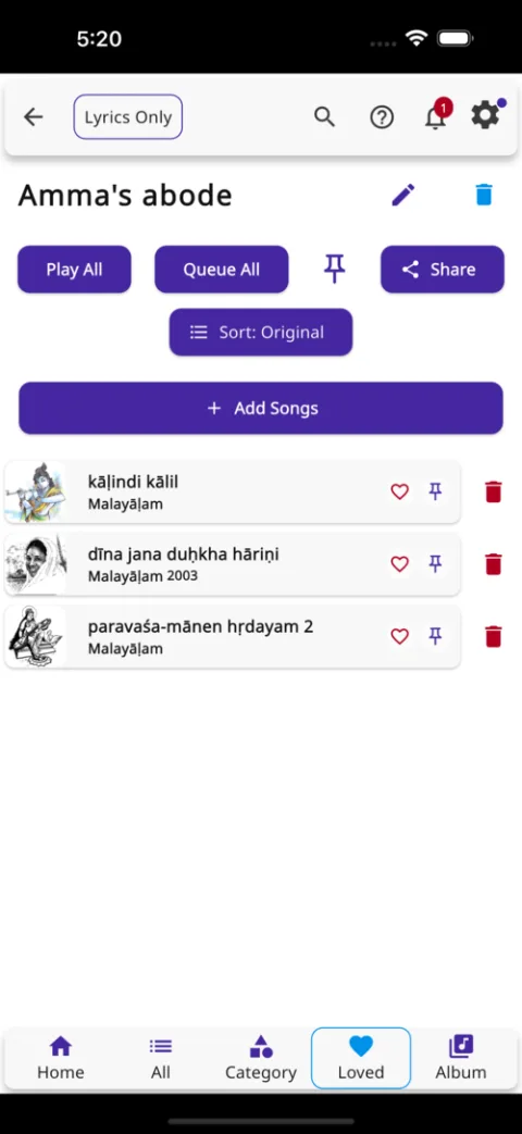Playlist detail with play, queue, share, and add songs