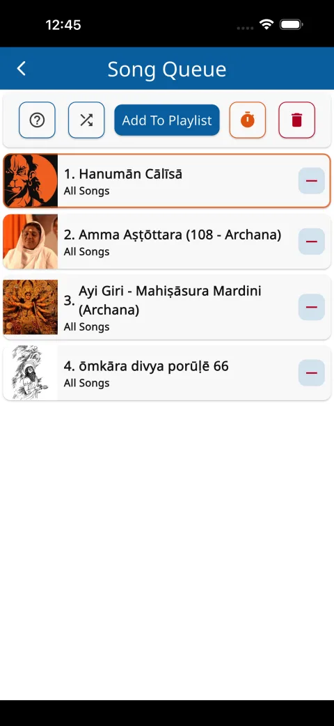 The song queue with reorder, shuffle, playlist and timer