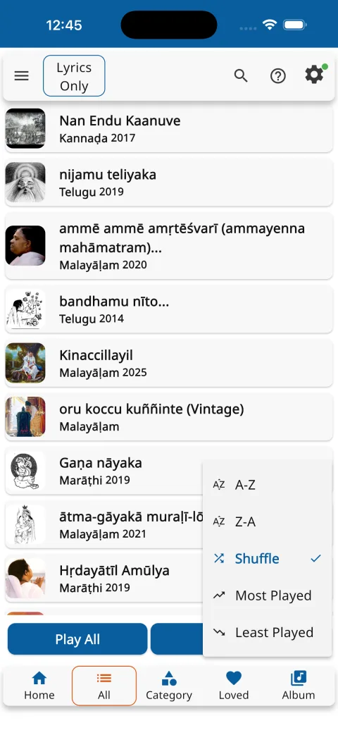 The sort menu: A-Z, Z-A, Shuffle, Most Played, Least Played
