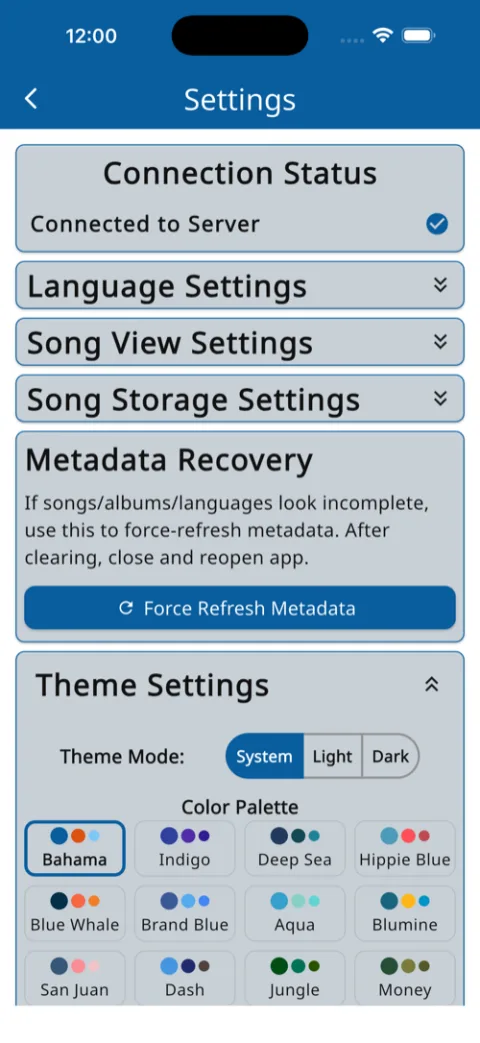 Theme settings with colour palettes